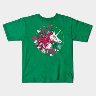 Day Of The Dead Sugar Skull Unicorn With Roses Kids T-Shirt